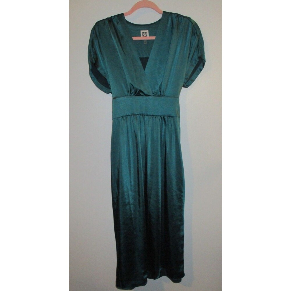 Anne Klein Womens Sz 4 Emerald Green Satin Midi V-Neck Dress Wedding Guest